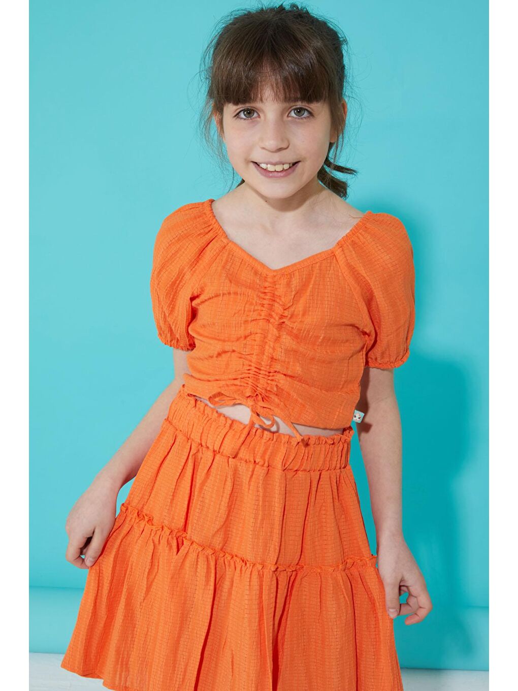 Turuncu Etekli Askılı Bluzlu Kız Çocuk Takım 15343-4
