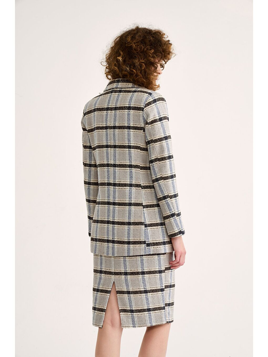 Düğme Detaylı Ekose Ceket - Mavi-3