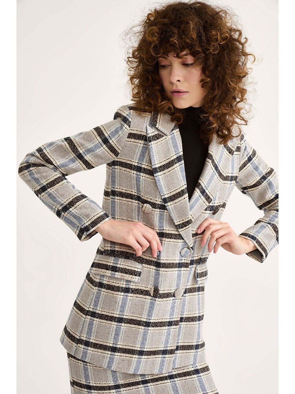 Düğme Detaylı Ekose Ceket - Mavi