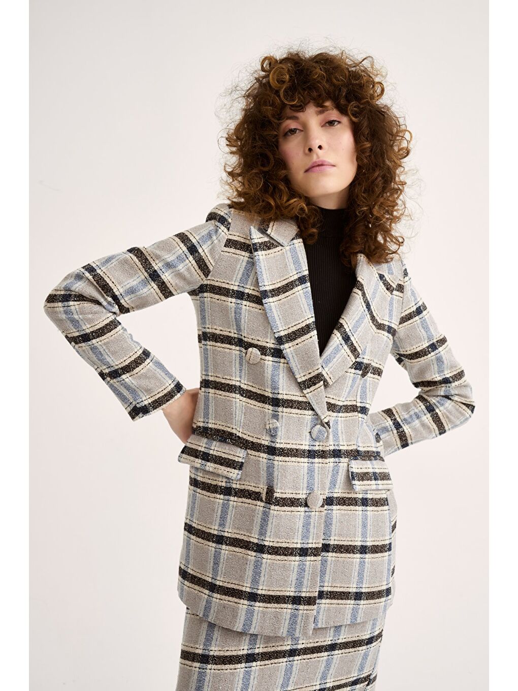 Düğme Detaylı Ekose Ceket - Mavi-5