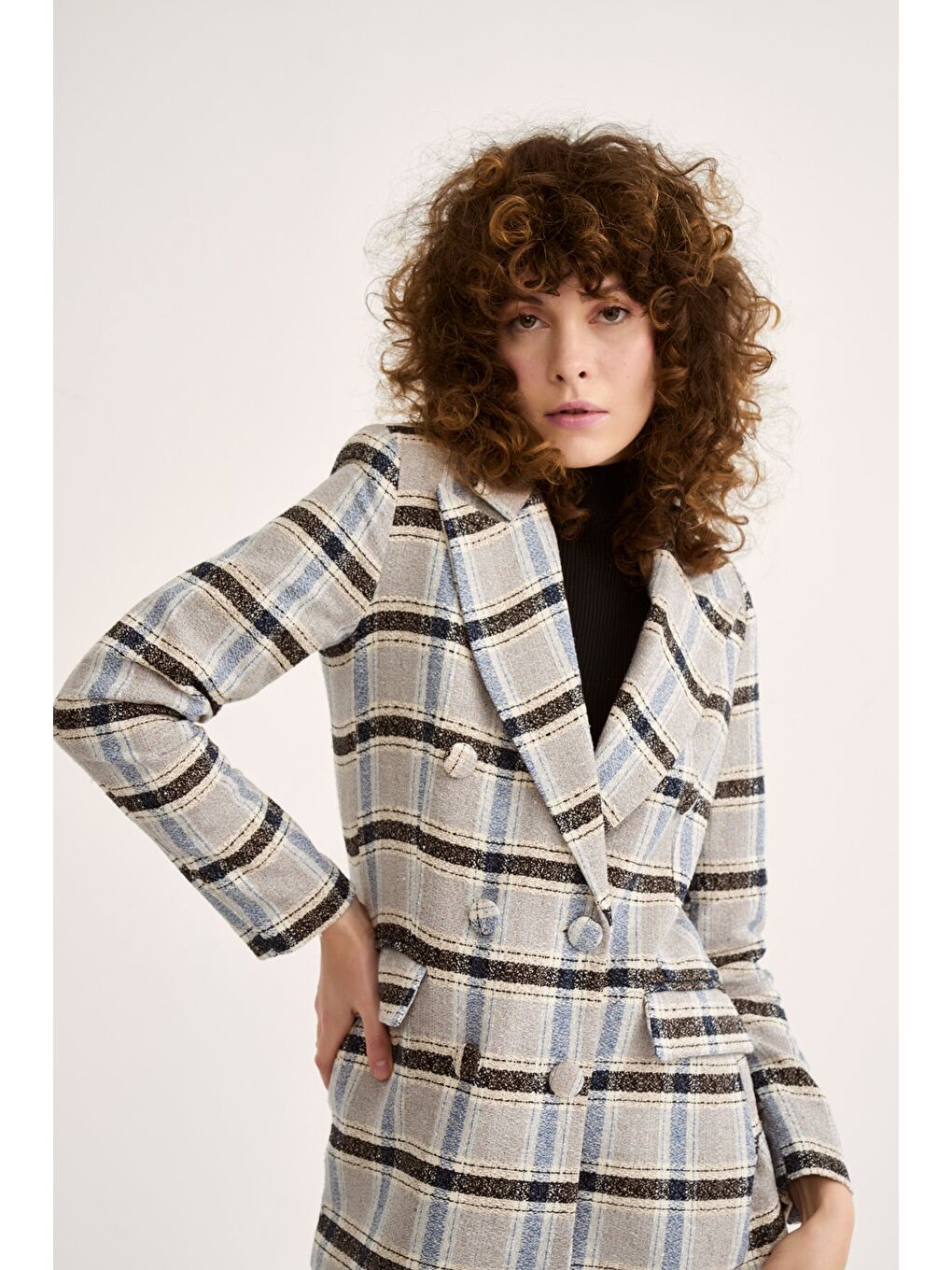 Düğme Detaylı Ekose Ceket - Mavi-4