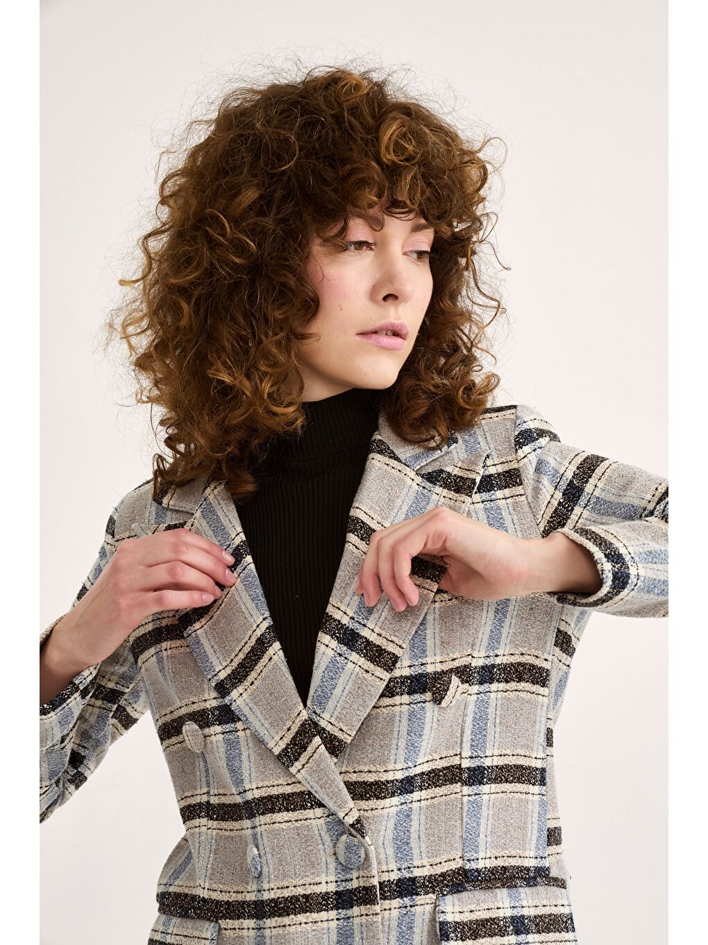 Düğme Detaylı Ekose Ceket - Mavi-1