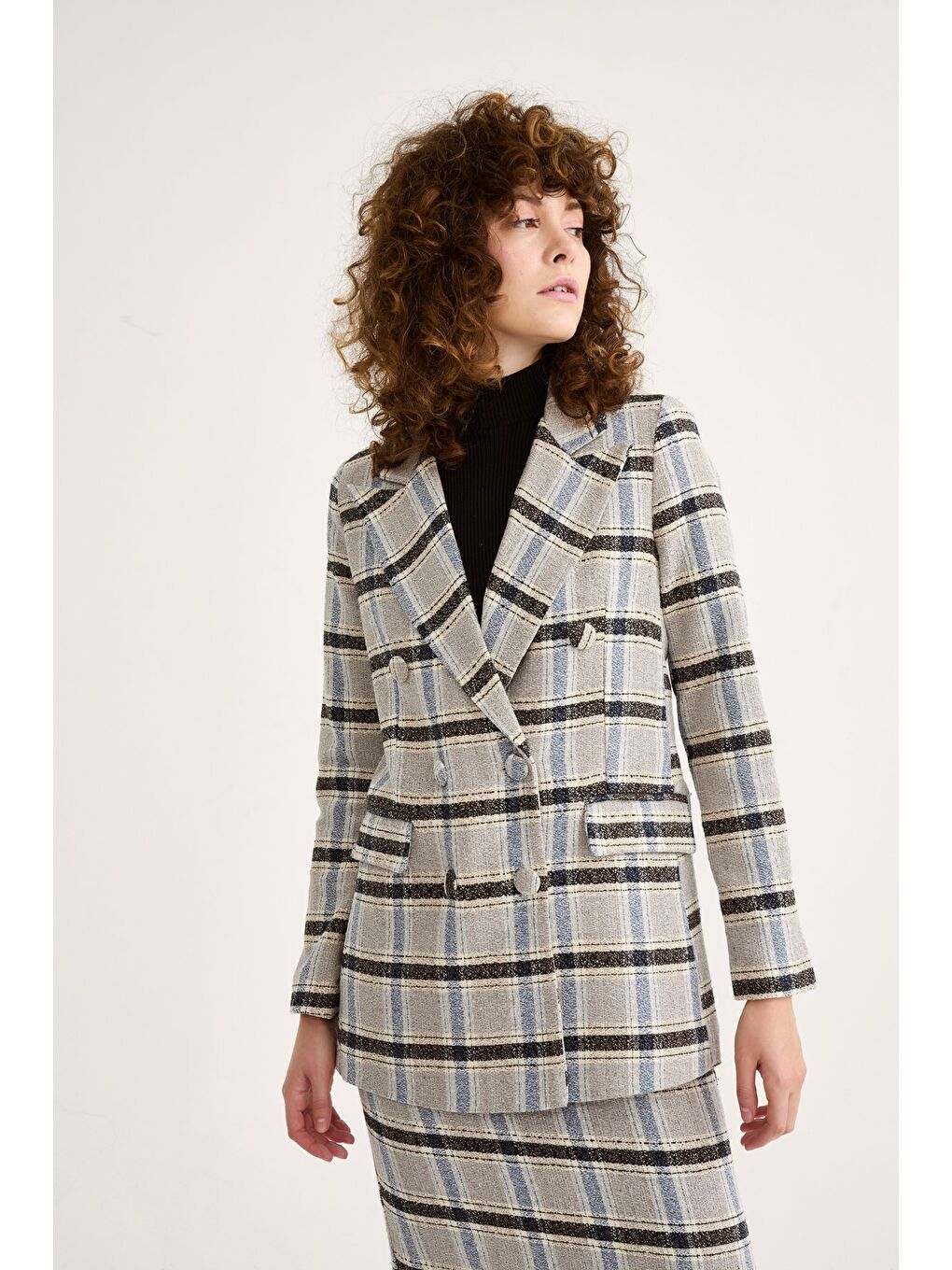 Düğme Detaylı Ekose Ceket - Mavi-7