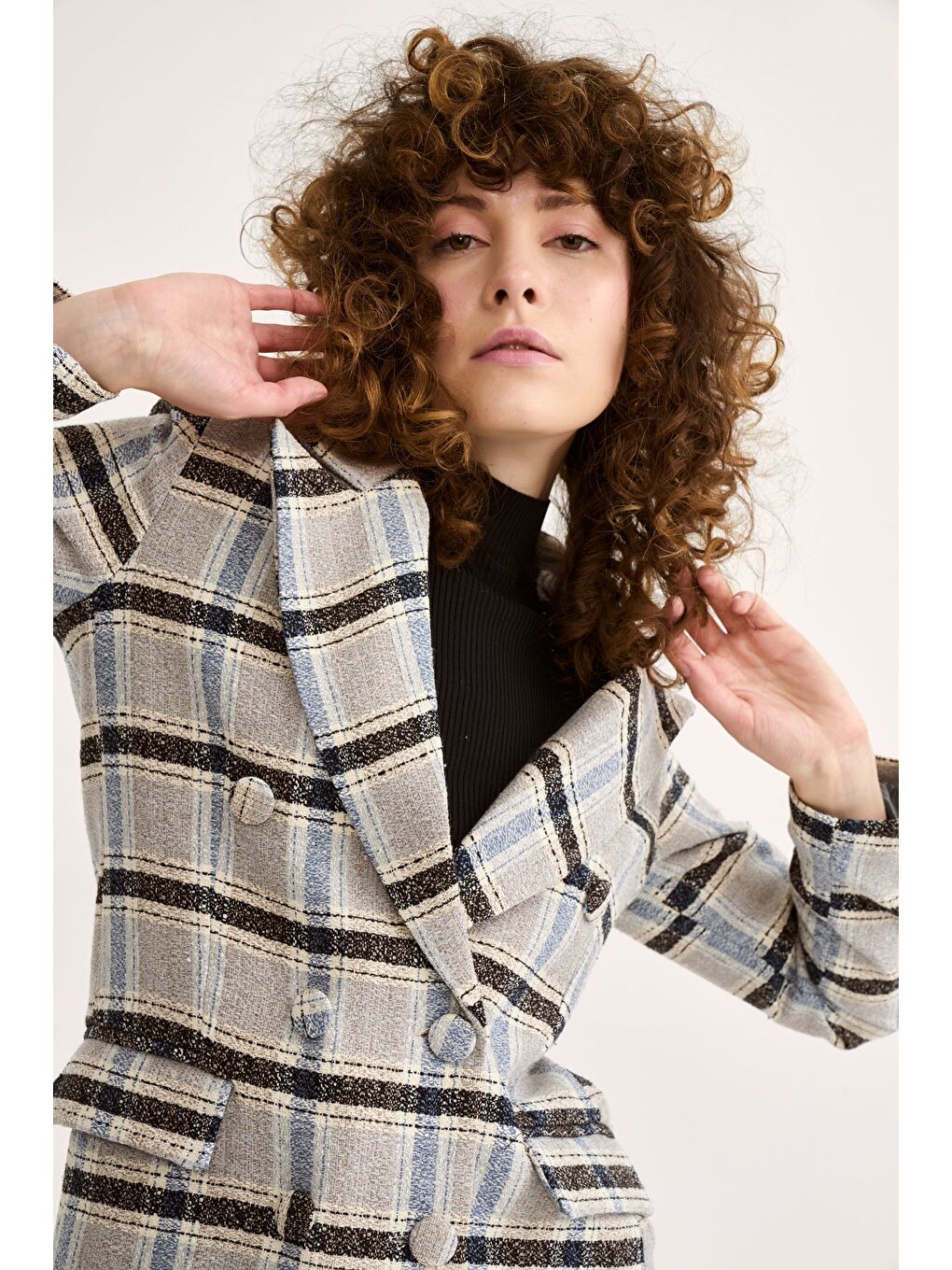 Düğme Detaylı Ekose Ceket - Mavi-6