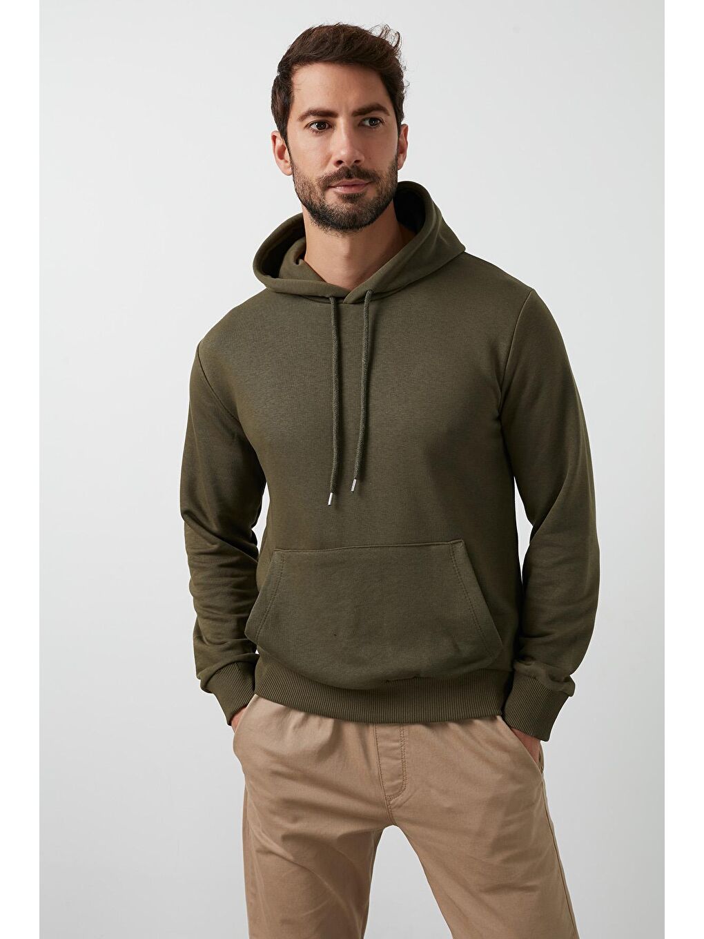 Haki Pamuklu Kanguru Cepli Kapüşonlu Sweat 541HOODIE