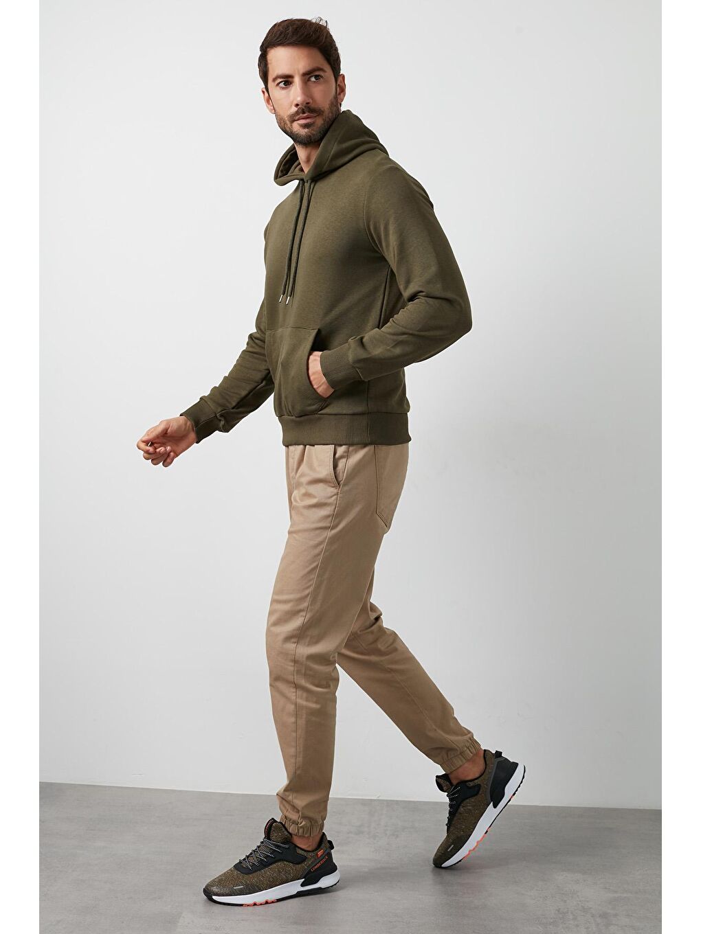 Haki Pamuklu Kanguru Cepli Kapüşonlu Sweat 541HOODIE-2