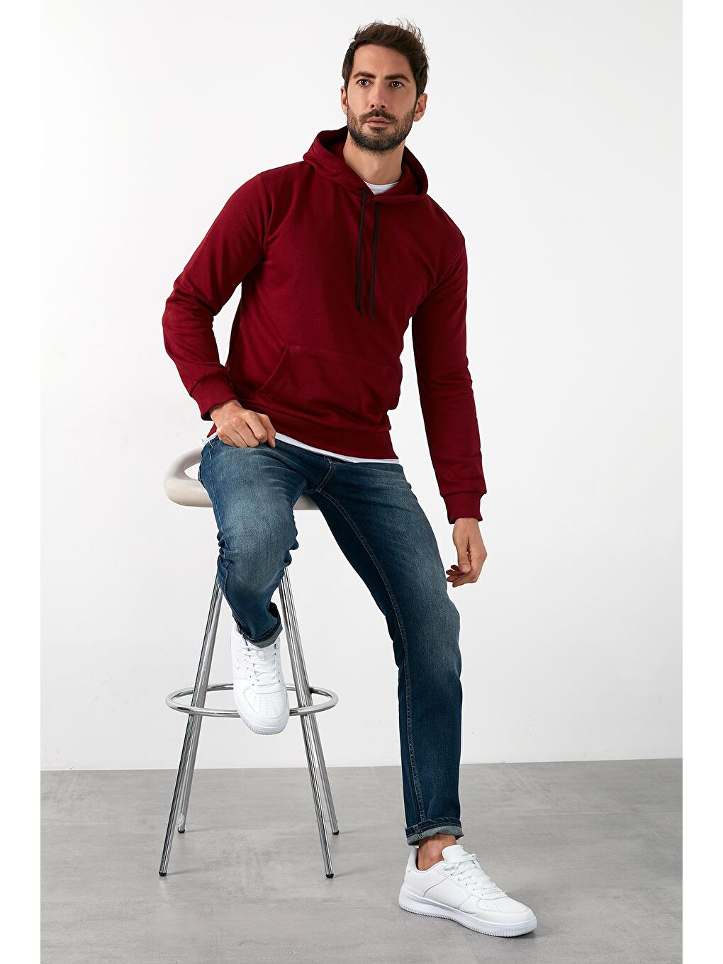 Bordo Pamuklu Kanguru Cepli Kapüşonlu Sweat 541HOODIE-2