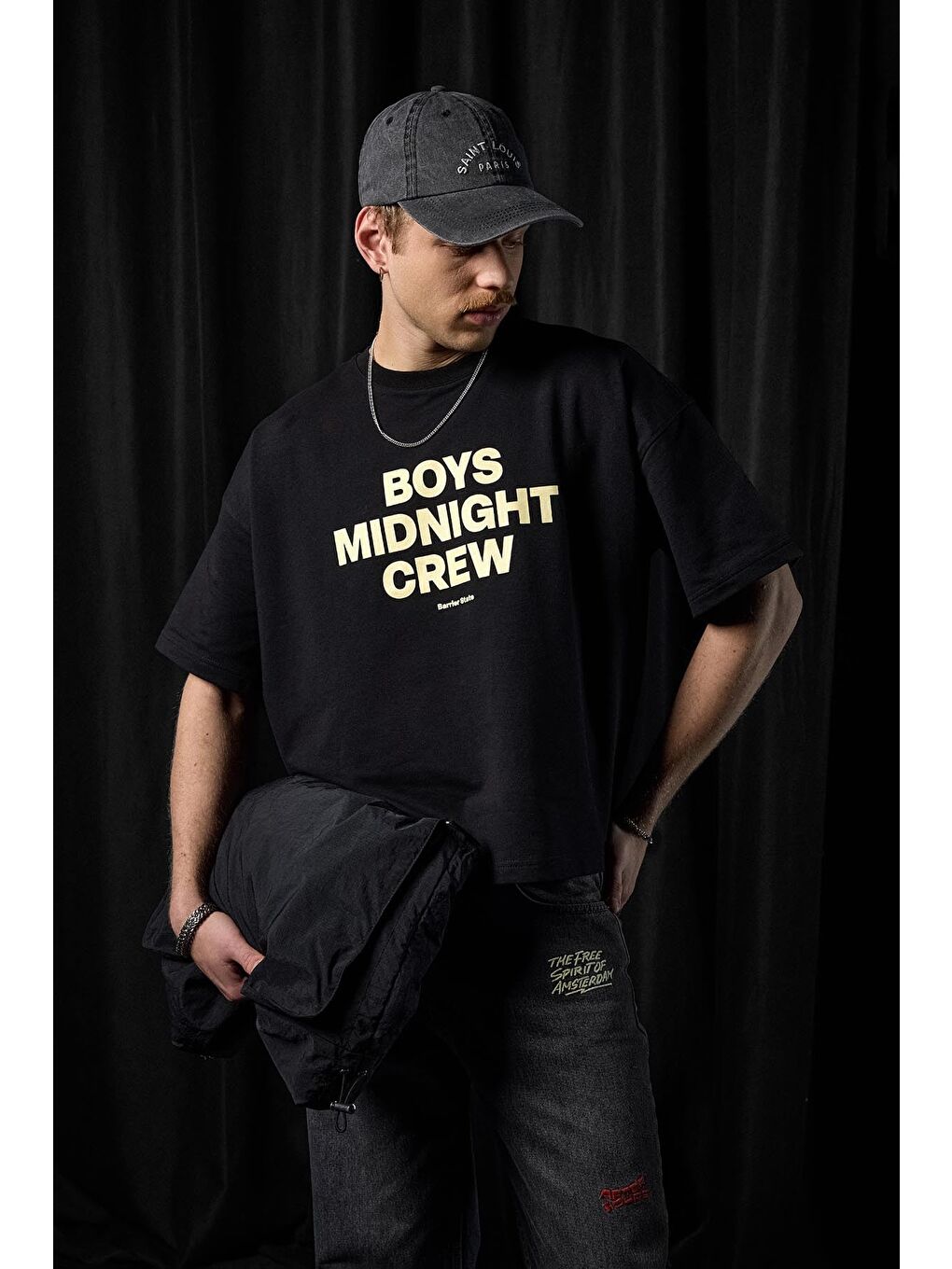 Erkek Boxy Fit Bisiklet Yaka Yazı Baskılı T-Shirt Siyah-3