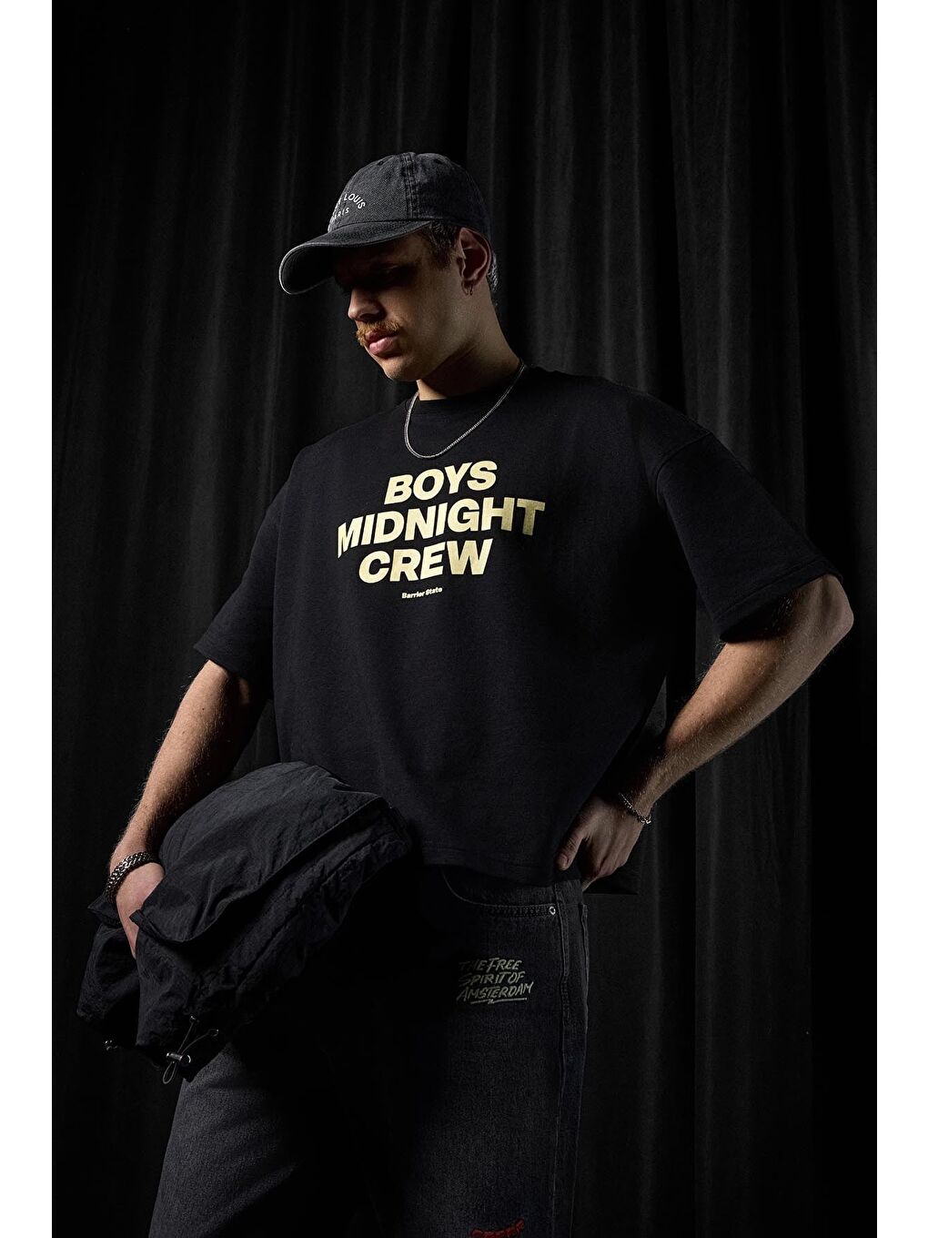 Erkek Boxy Fit Bisiklet Yaka Yazı Baskılı T-Shirt Siyah-4