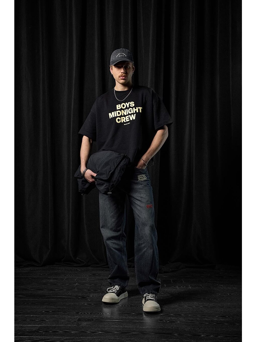 Erkek Boxy Fit Bisiklet Yaka Yazı Baskılı T-Shirt Siyah-5