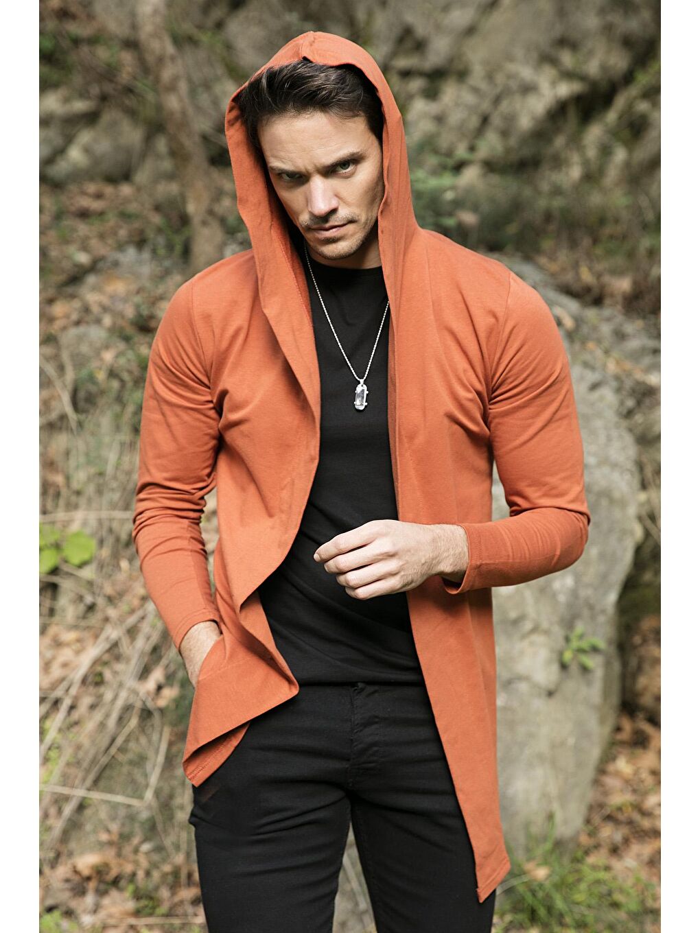 Kahverengi Slim Fit Pamuklu Kapüşonlu Örme Hırka 5896587-1