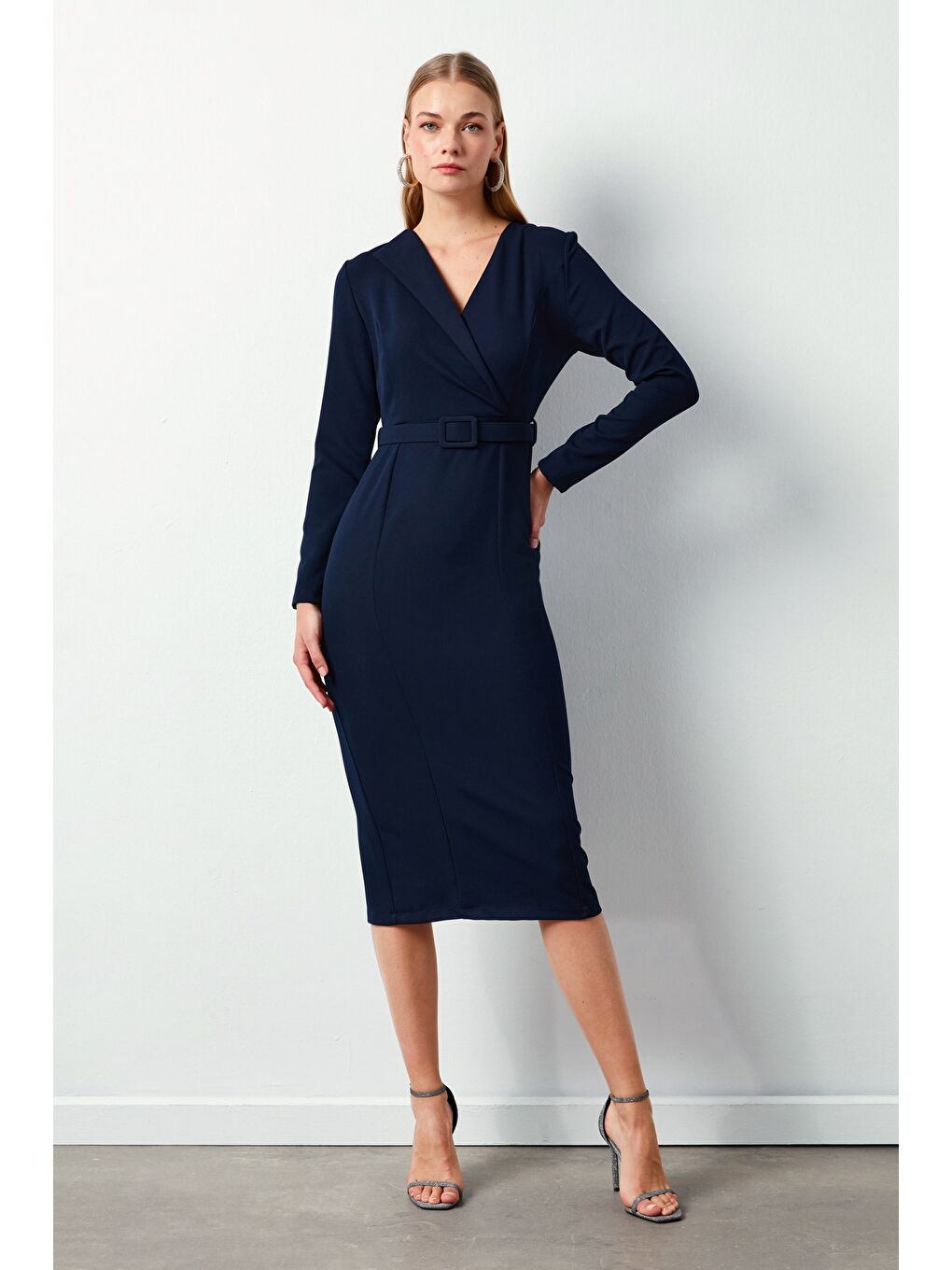 Kemerli Kalem Elbise - Lacivert