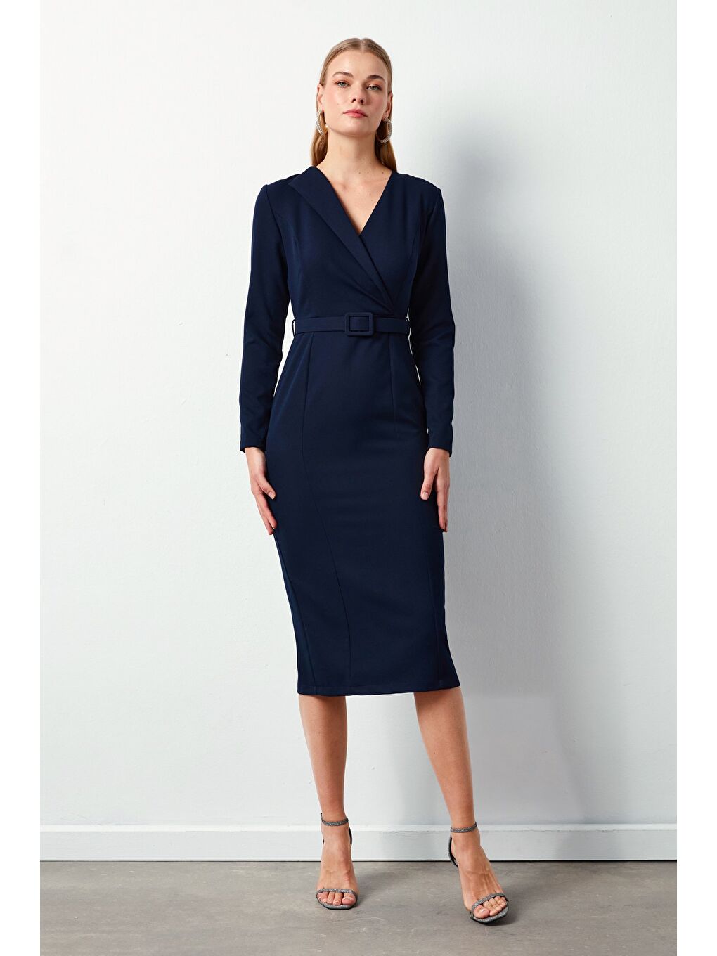 Kemerli Kalem Elbise - Lacivert-1