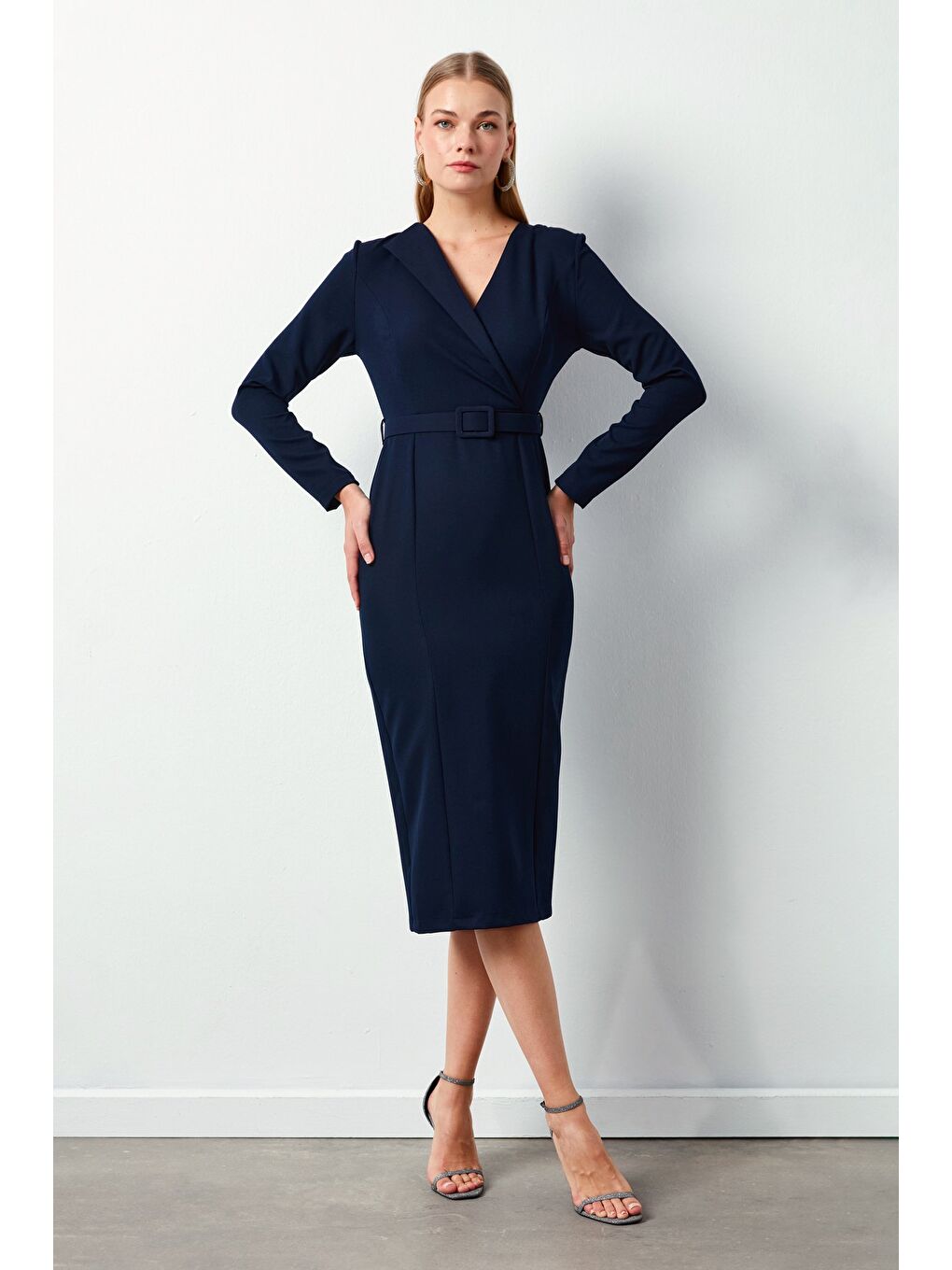 Kemerli Kalem Elbise - Lacivert-2