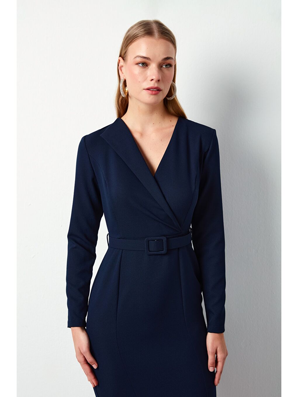 Kemerli Kalem Elbise - Lacivert-3