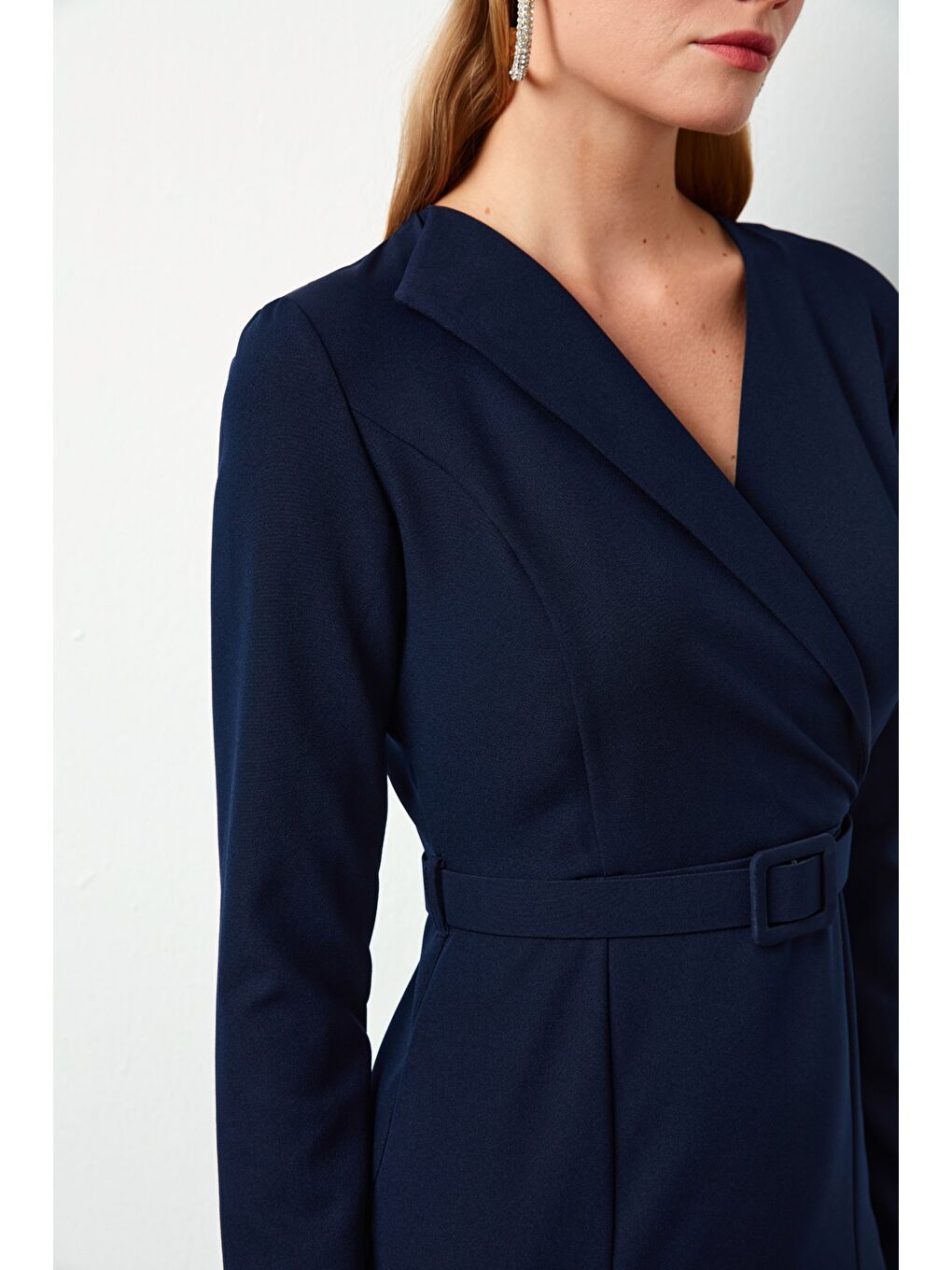 Kemerli Kalem Elbise - Lacivert-4