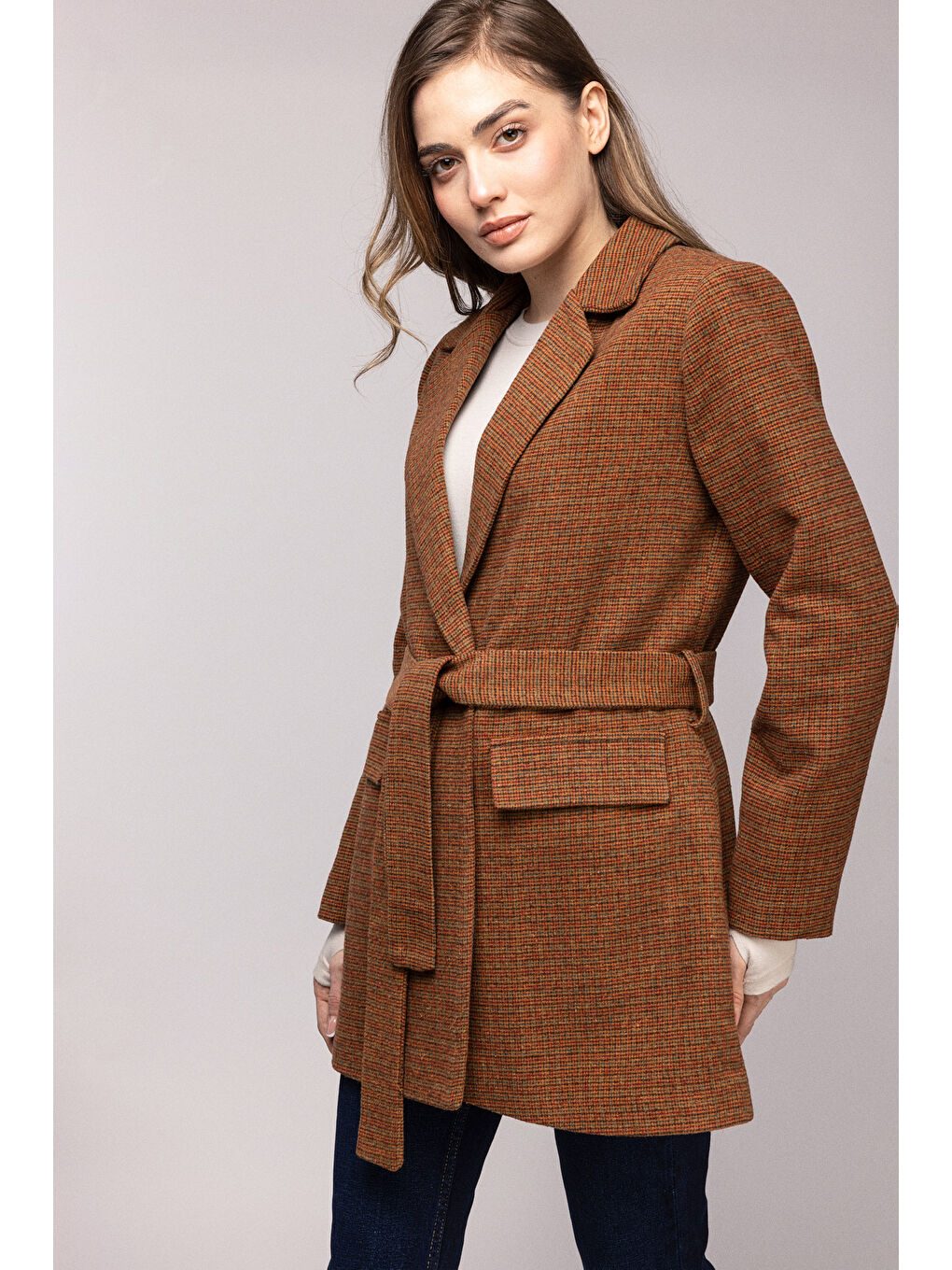 Kahverengi Premium Kuşaklı Cep Detaylı Blazer Dokuma Ceket-1