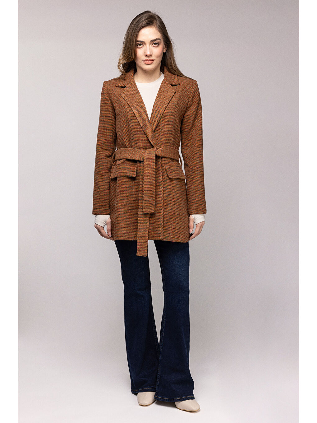 Kahverengi Premium Kuşaklı Cep Detaylı Blazer Dokuma Ceket-2