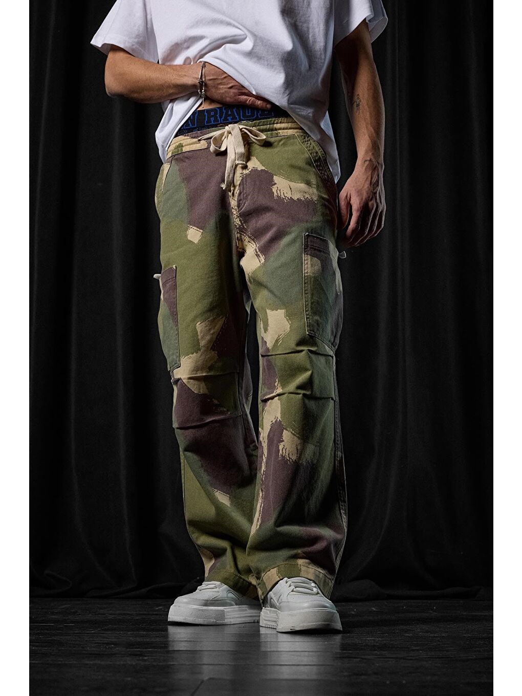 Erkek Baggy Fit Kamuflajlı Kargo Cepli Jean Pantolon Yeşil-2