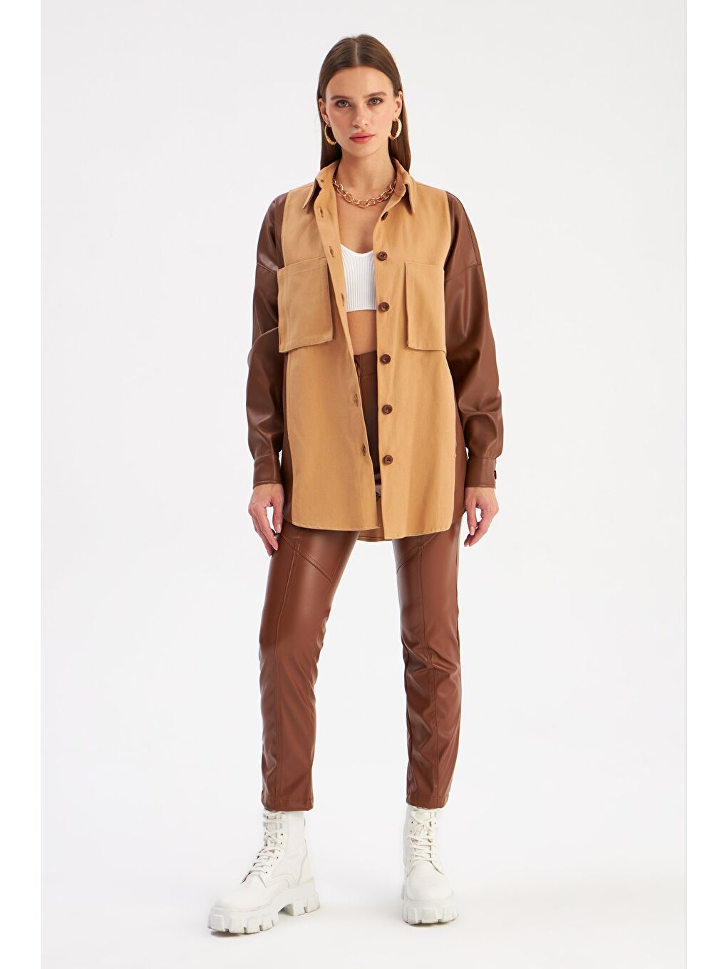 Kahverengi Cepli Deri Detaylı Gömlek - Kahve-Bej-6