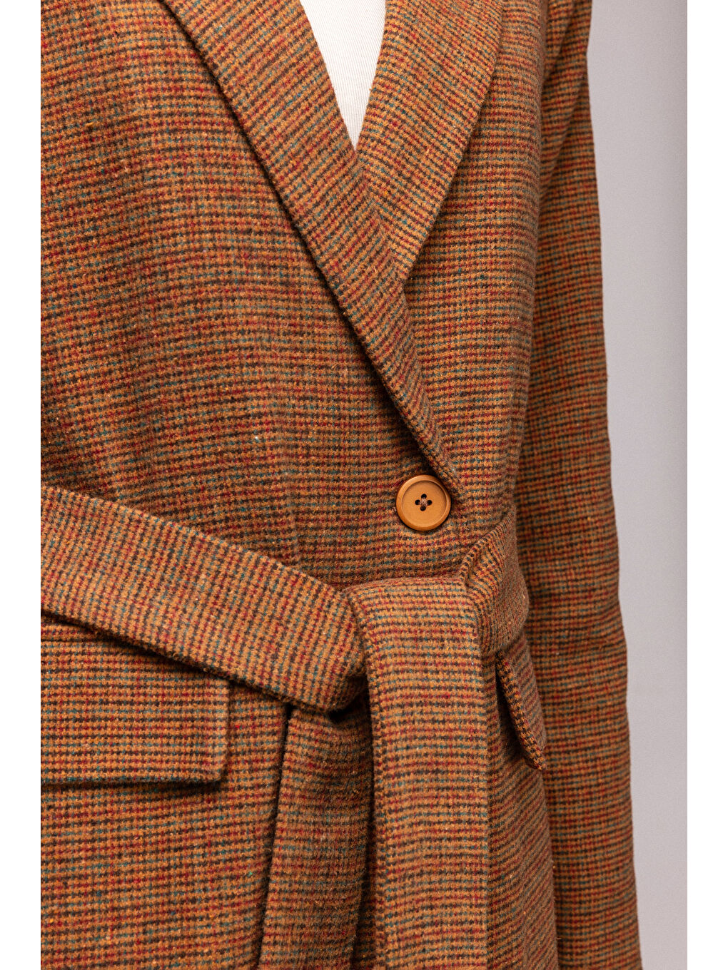 Kahverengi Premium Kuşaklı Cep Detaylı Blazer Dokuma Ceket-3