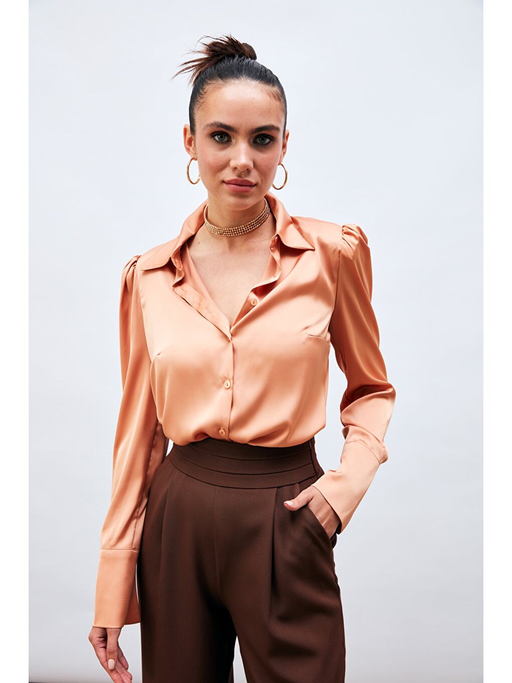 Pembe Vatkalı Saten Gömlek - Somon