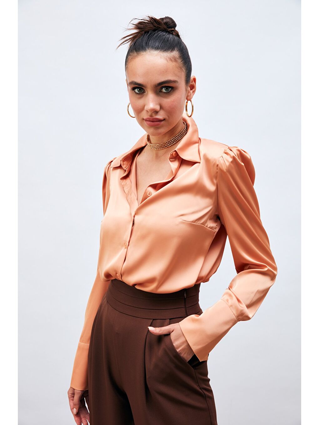 Pembe Vatkalı Saten Gömlek - Somon-1