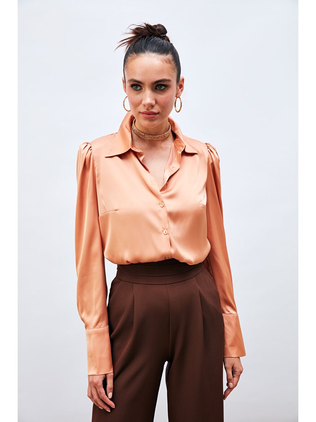 Pembe Vatkalı Saten Gömlek - Somon-2