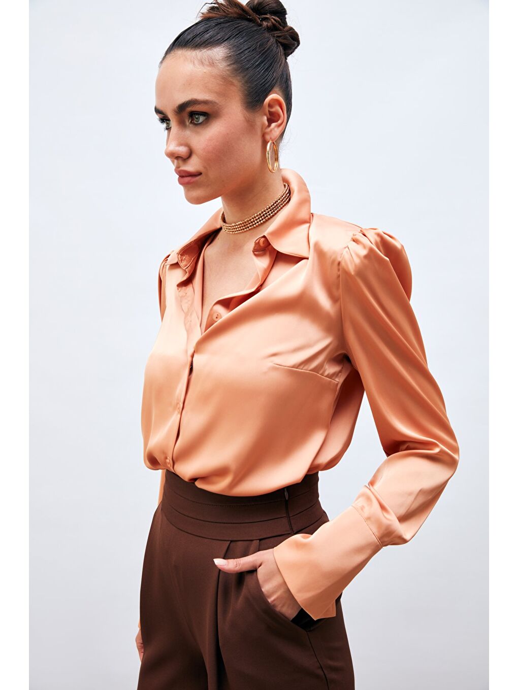 Pembe Vatkalı Saten Gömlek - Somon-3