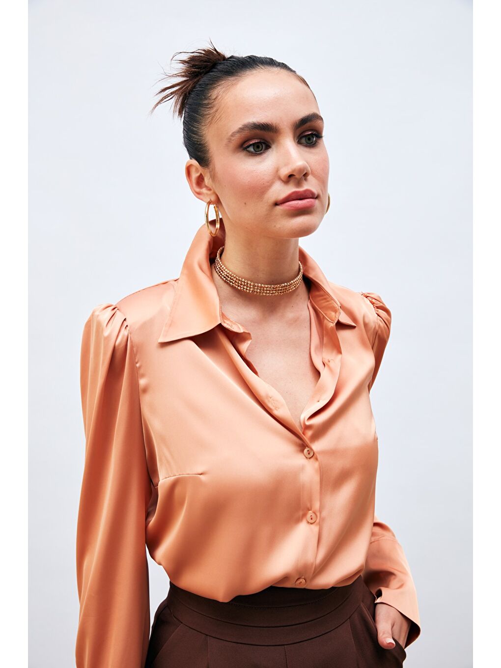 Pembe Vatkalı Saten Gömlek - Somon-4