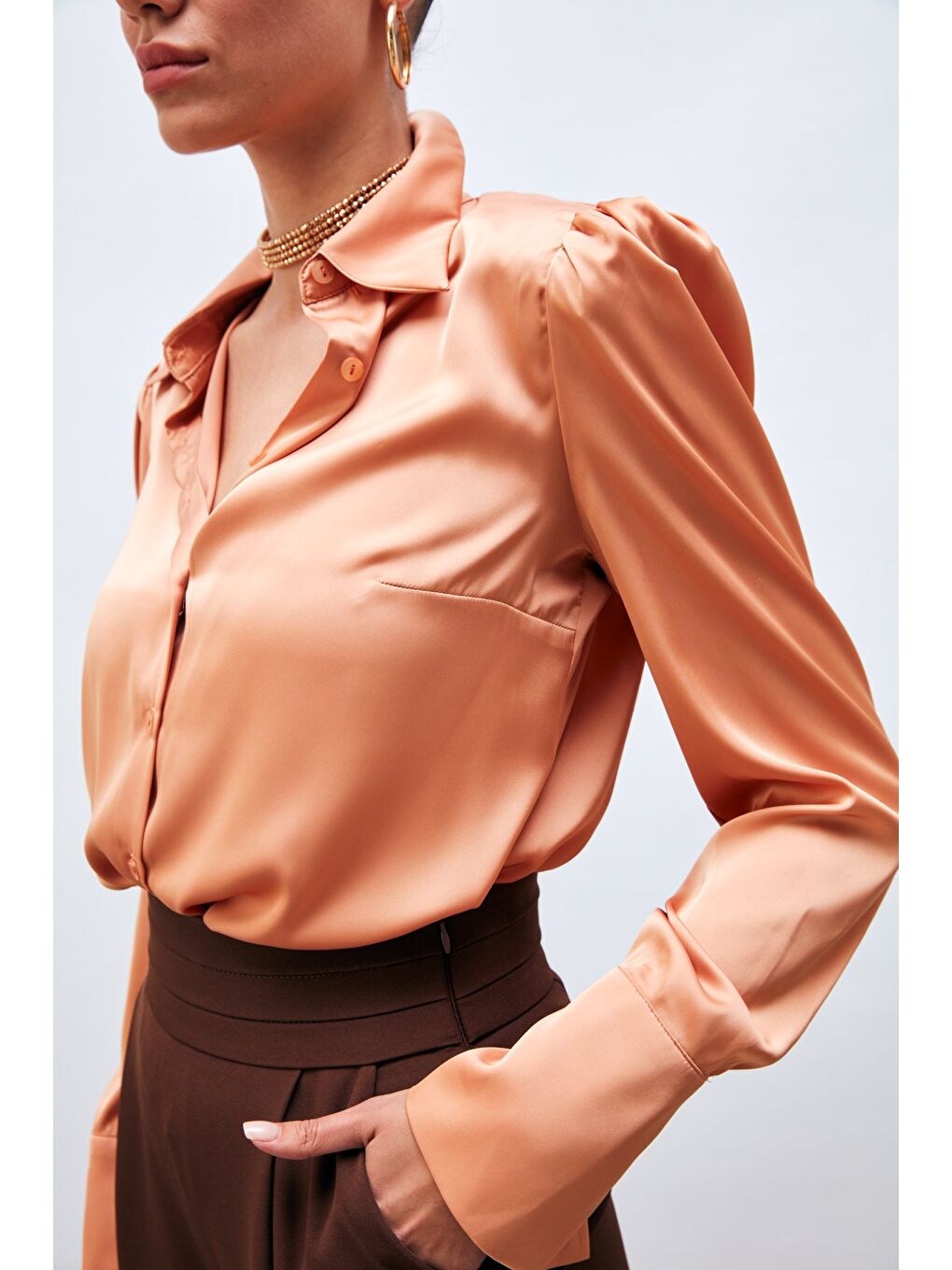 Pembe Vatkalı Saten Gömlek - Somon-5