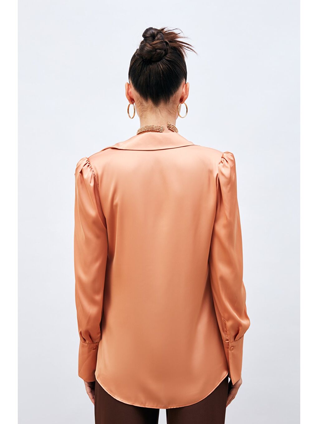 Pembe Vatkalı Saten Gömlek - Somon-6