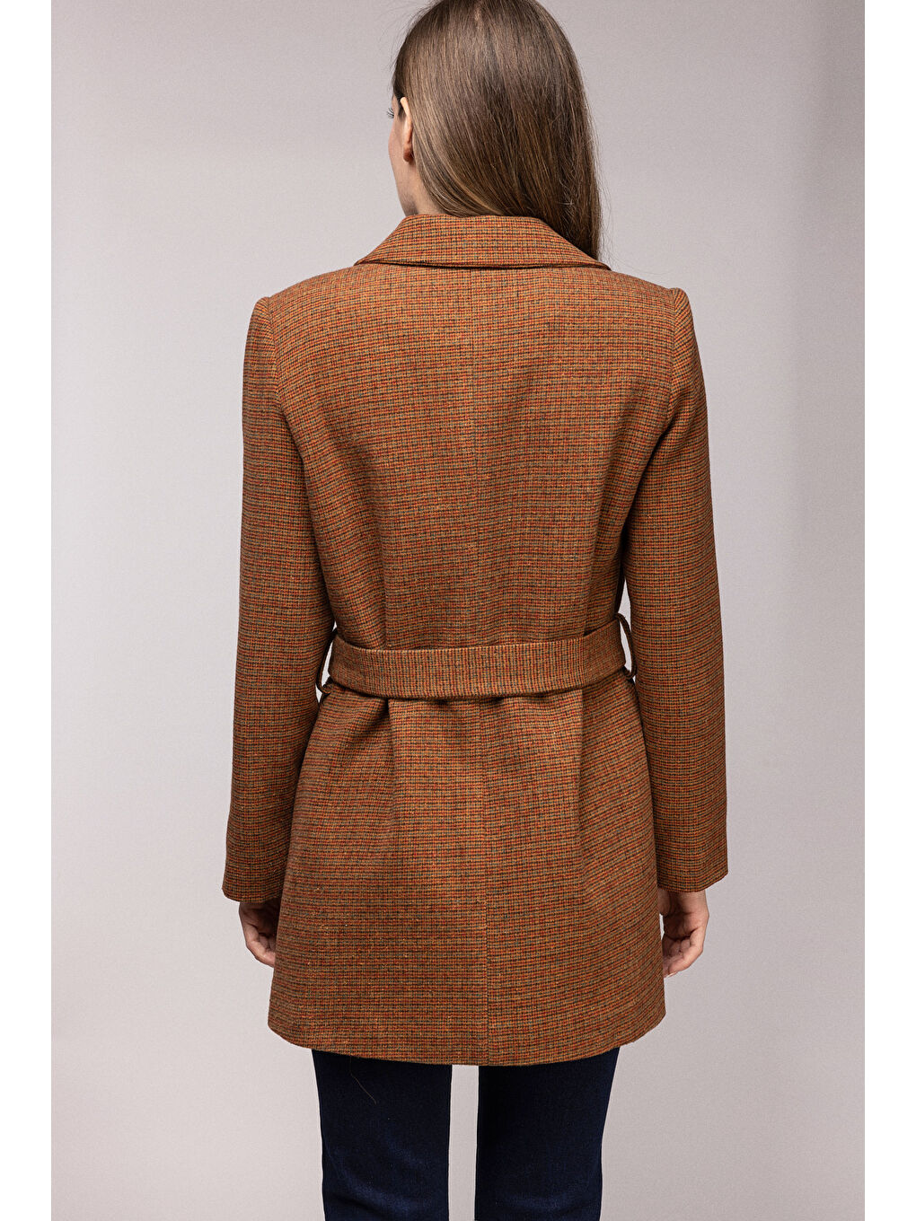 Kahverengi Premium Kuşaklı Cep Detaylı Blazer Dokuma Ceket-4