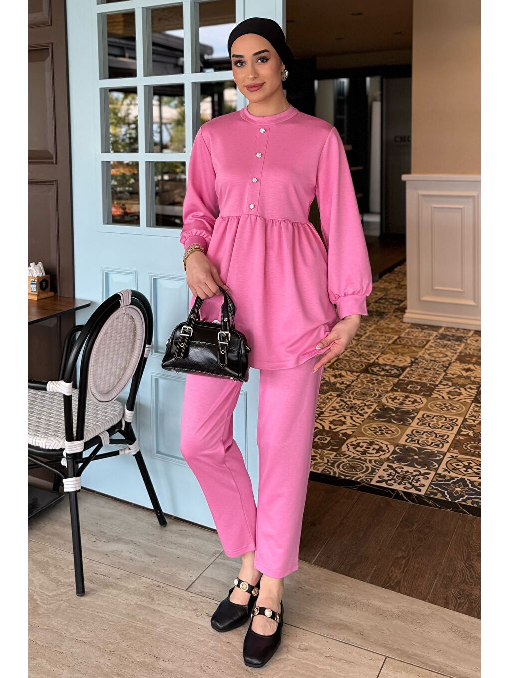 Pembe Kadın Taşlı Düğmeli Fırfırlı Tunik Pantolon Tesettür İkili Takım-1