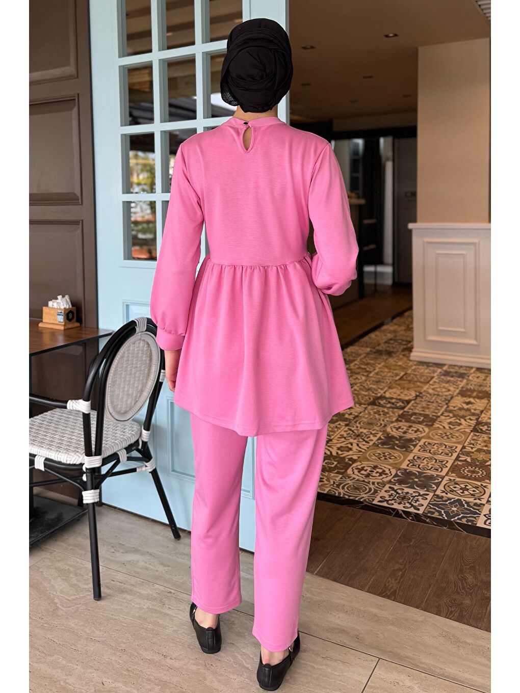 Pembe Kadın Taşlı Düğmeli Fırfırlı Tunik Pantolon Tesettür İkili Takım-3