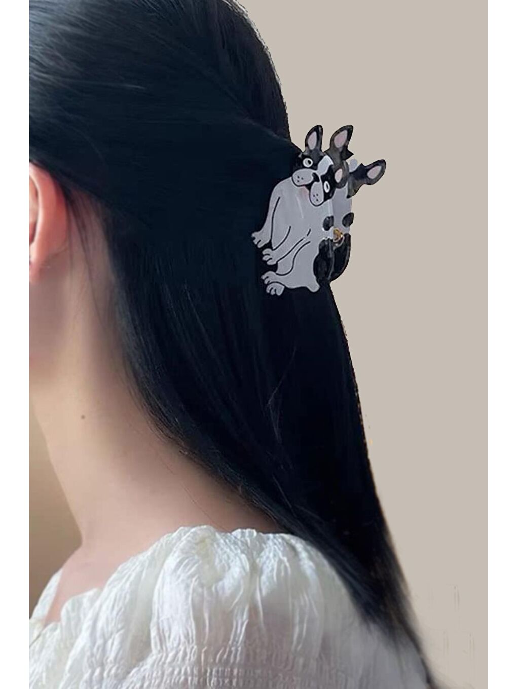 Beyaz French Bulldog Köpek Figürlü Asetat Mandal Toka-7