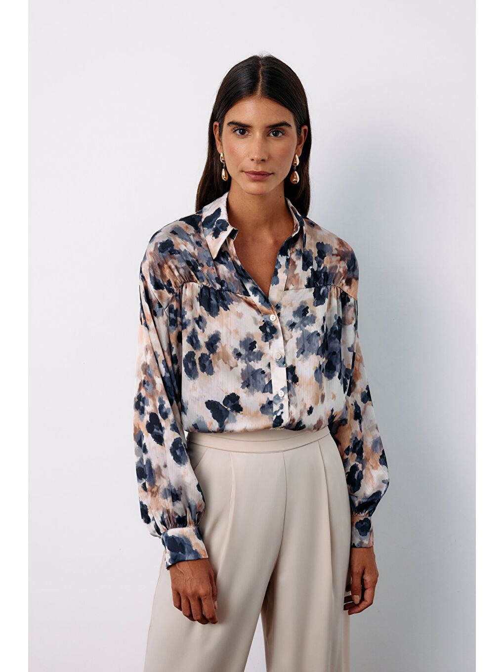 Çiçek Desenli Gömlek - Gri-1