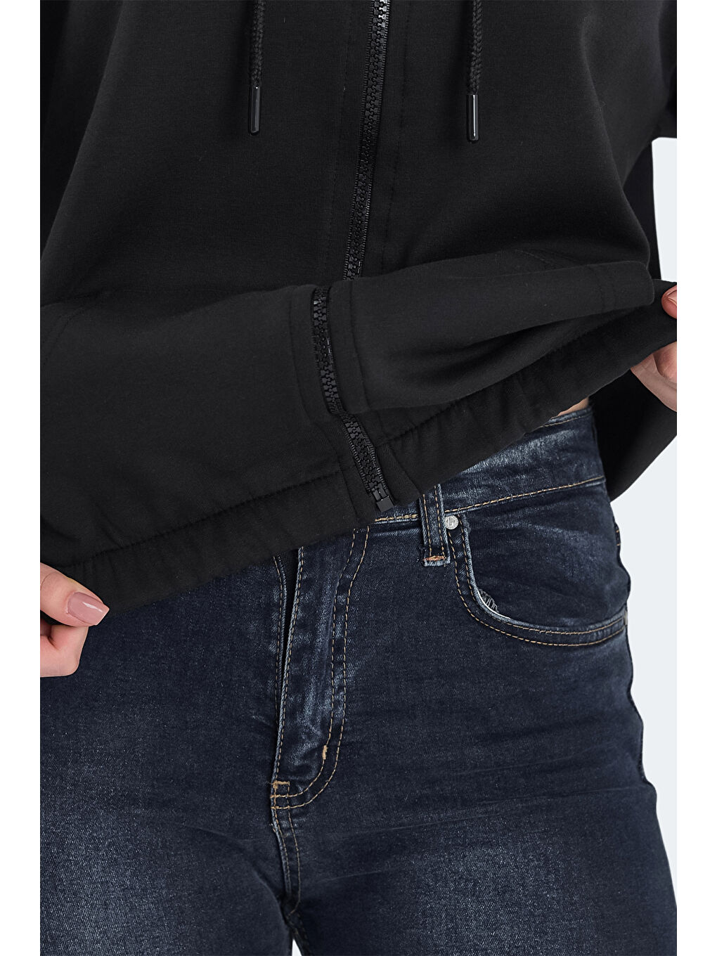 KIMBERLEY IN Kadın Fermuarlı Kapüşonlu Cepli Siyah Sweatshırt-5