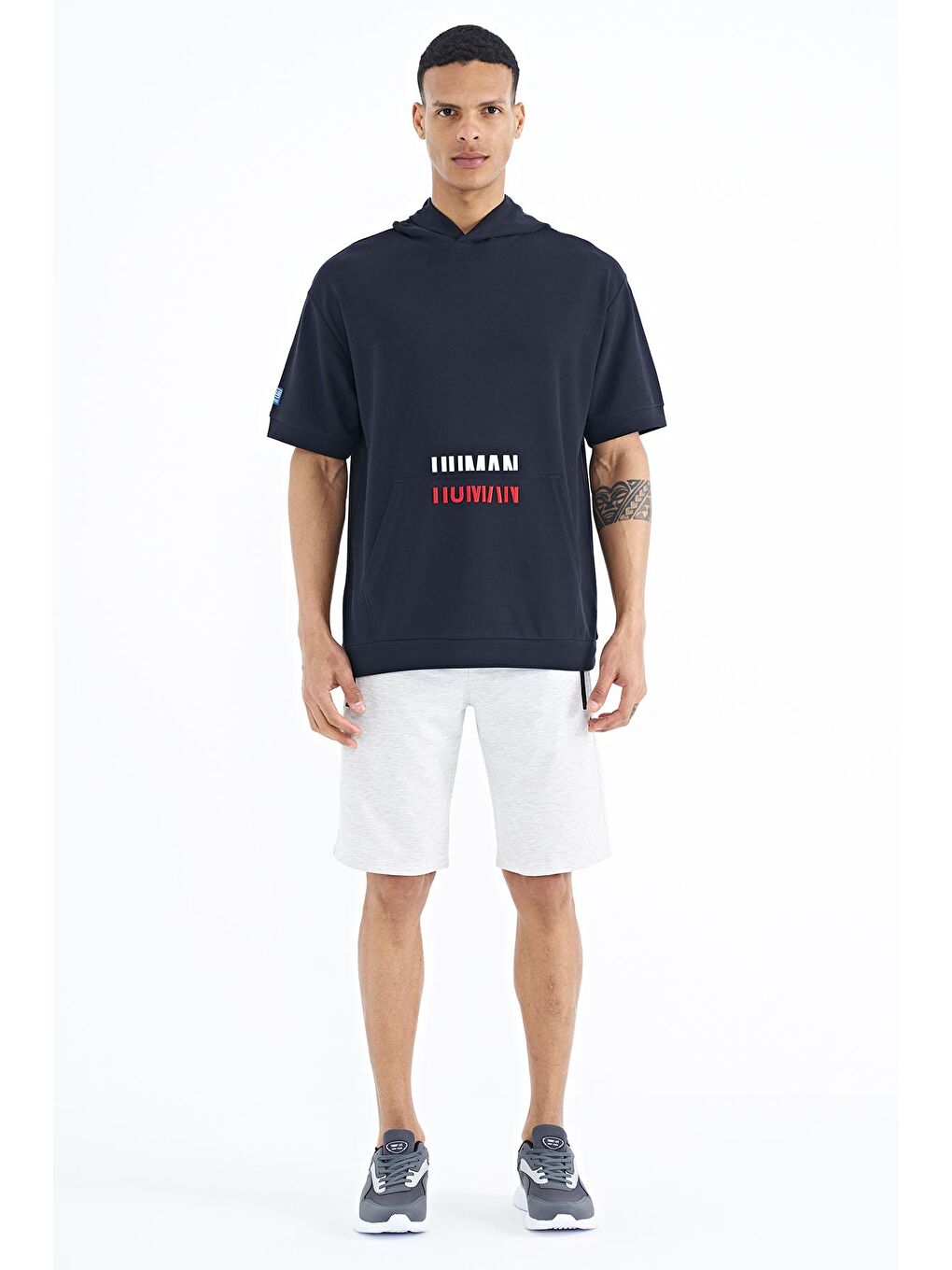 TOMMYLIFE Lacivert Kanguru Cepli Yazı Nakışlı Kapüşonlu Erkek T-Shirt - 88195 - 1