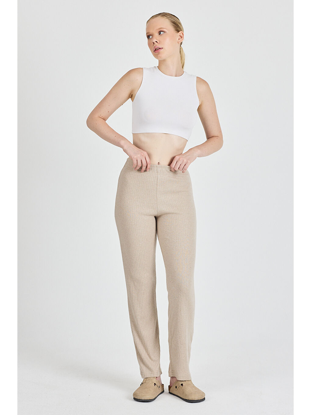 Bej Kadın Vizon Yüksek Bel Fitilli Bol Paça Günlük İnce Eşofman Altı Pijama