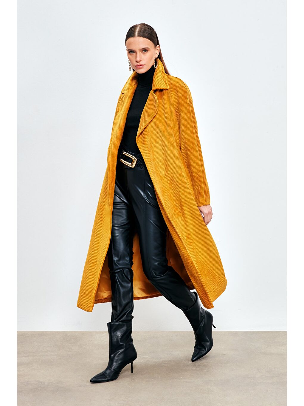 Kahverengi Uzun Kadife Trençkot - Camel-2