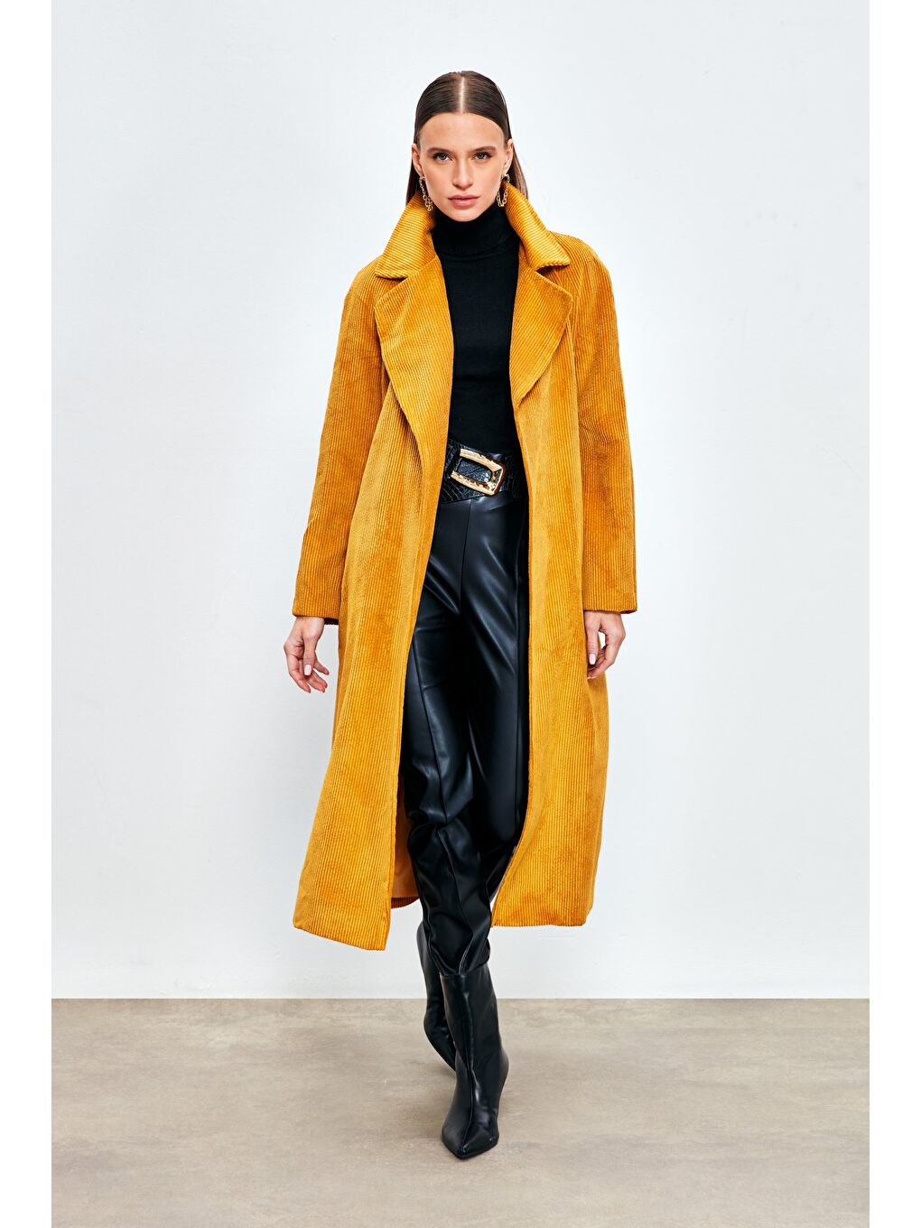 Kahverengi Uzun Kadife Trençkot - Camel-3