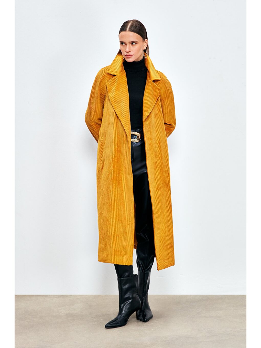 Kahverengi Uzun Kadife Trençkot - Camel-4