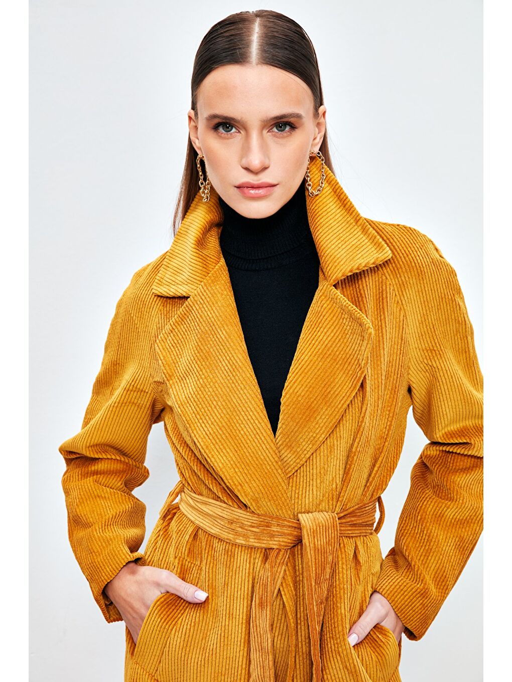 Kahverengi Uzun Kadife Trençkot - Camel-5