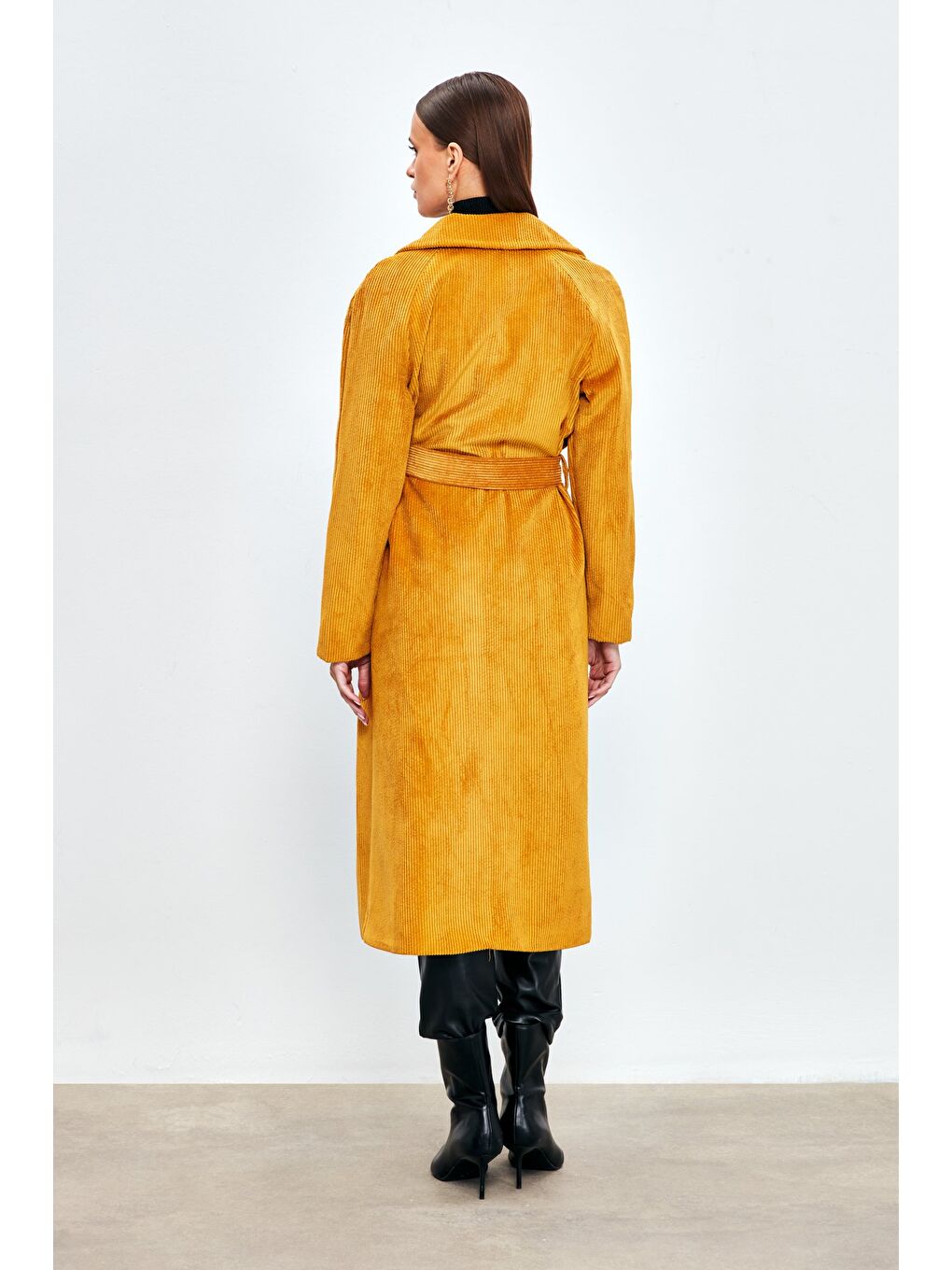 Kahverengi Uzun Kadife Trençkot - Camel-6