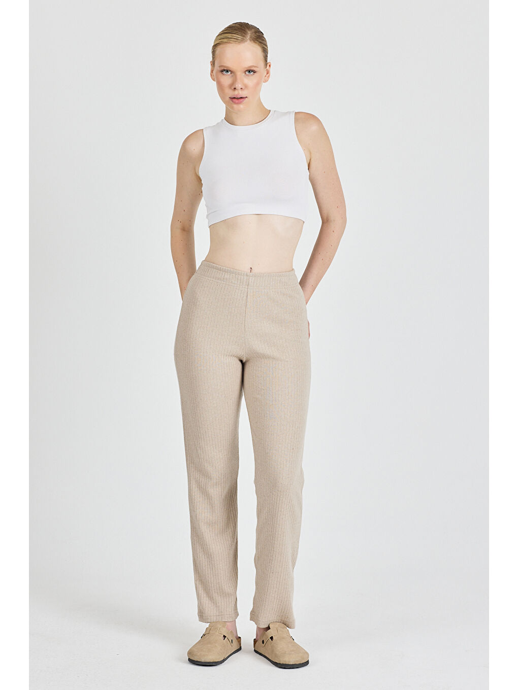 Bej Kadın Vizon Yüksek Bel Fitilli Bol Paça Günlük İnce Eşofman Altı Pijama-1