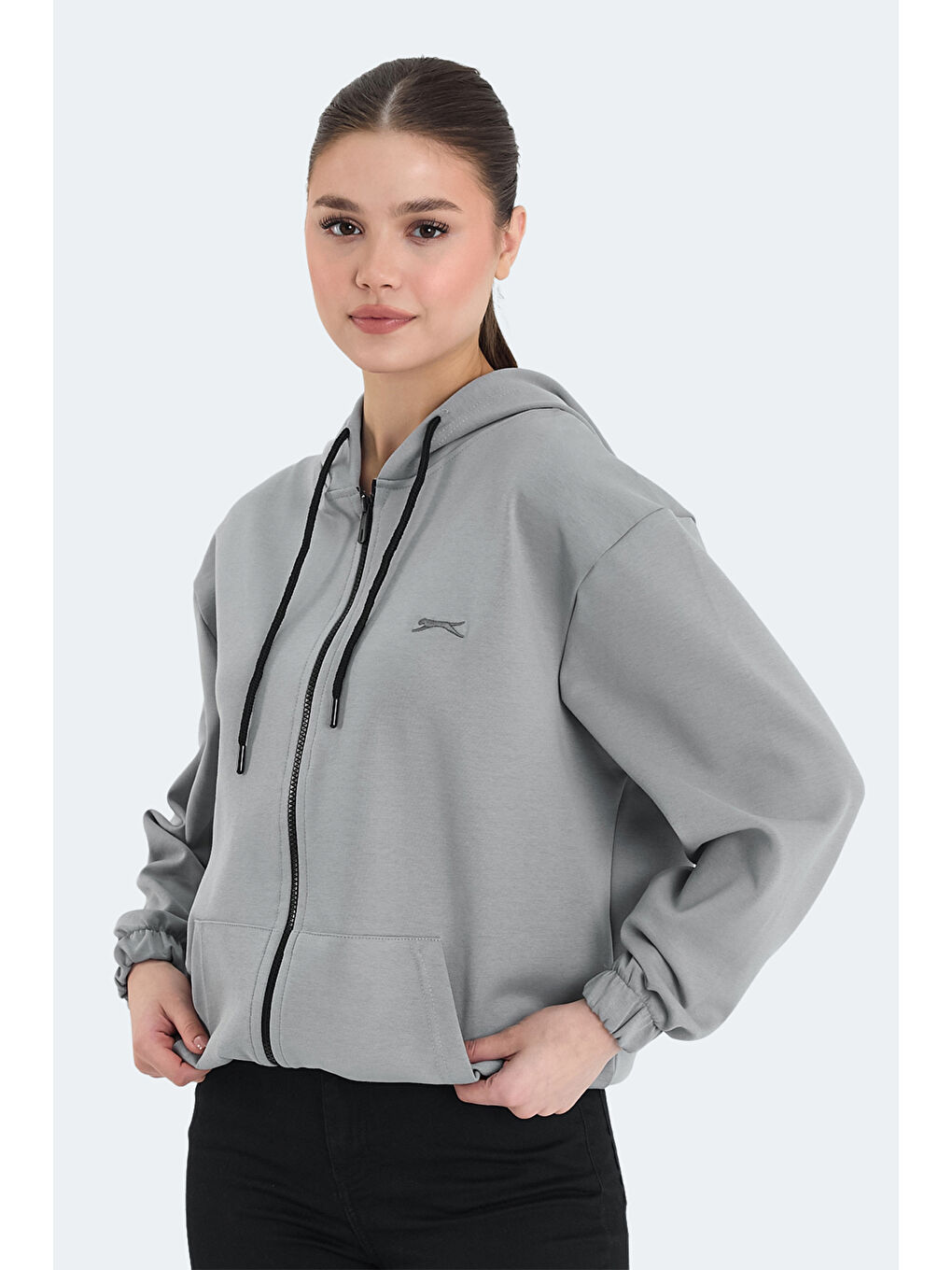 KIMBERLEY IN Kadın Fermuarlı Kapüşonlu Cepli Gri Sweatshırt-2