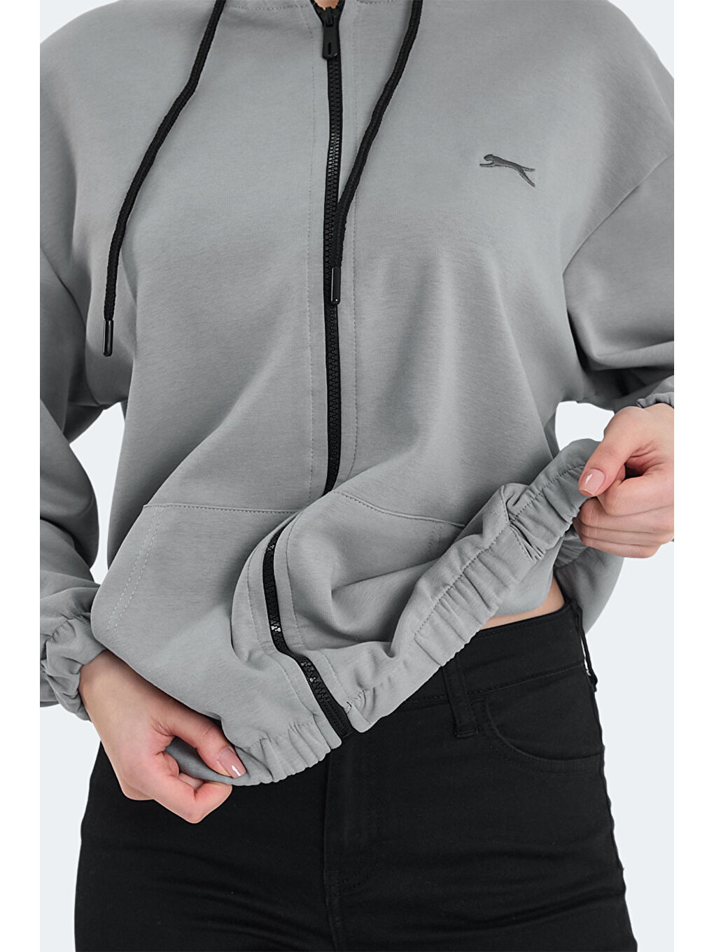 KIMBERLEY IN Kadın Fermuarlı Kapüşonlu Cepli Gri Sweatshırt-3