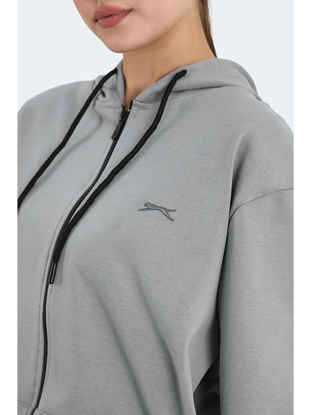 KIMBERLEY IN Kadın Fermuarlı Kapüşonlu Cepli Gri Sweatshırt-4