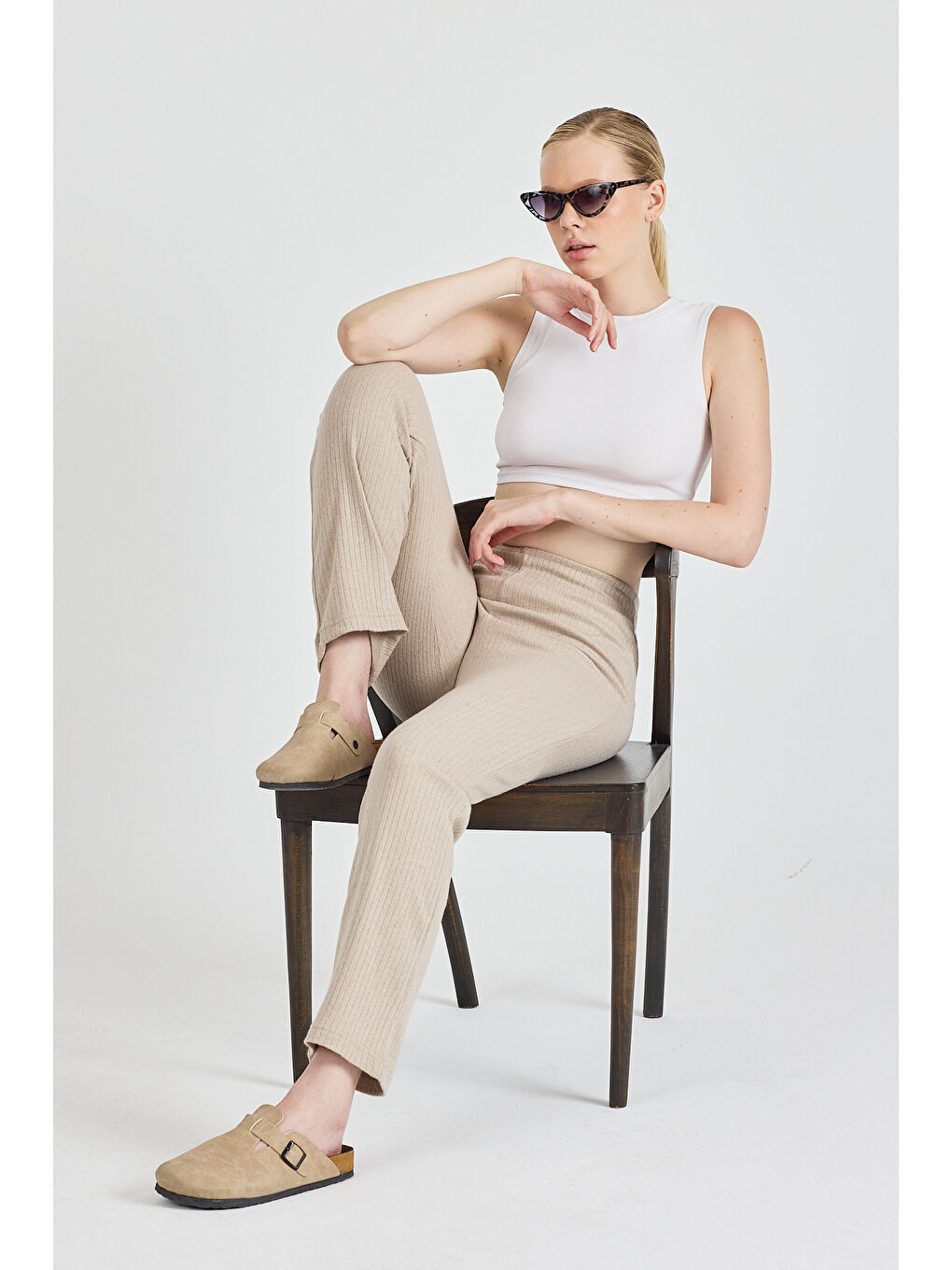 Bej Kadın Vizon Yüksek Bel Fitilli Bol Paça Günlük İnce Eşofman Altı Pijama-2